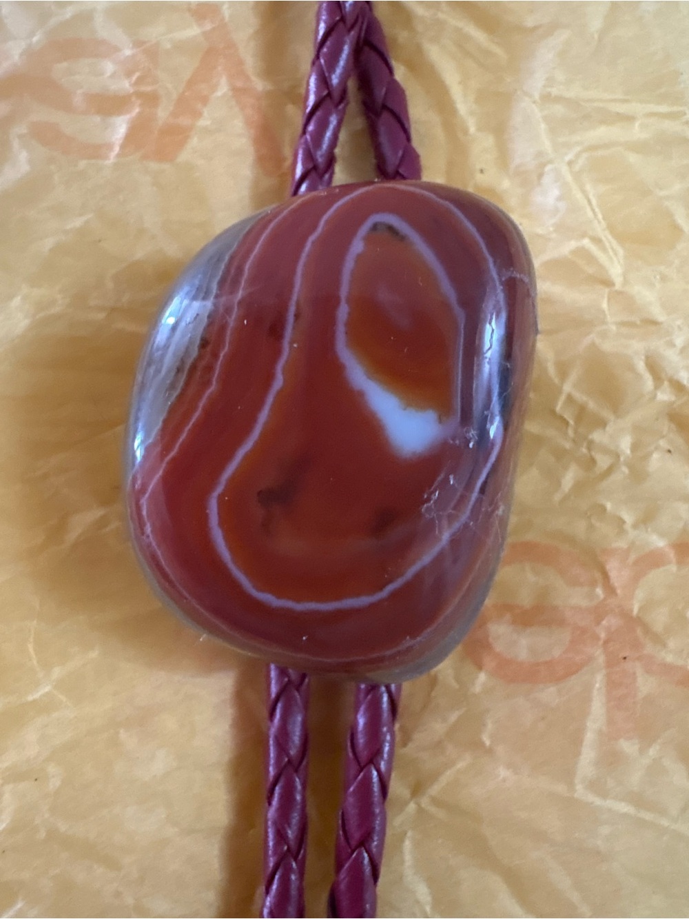 Braided Leather Cord Bolo Tie with Red Agate Pendant